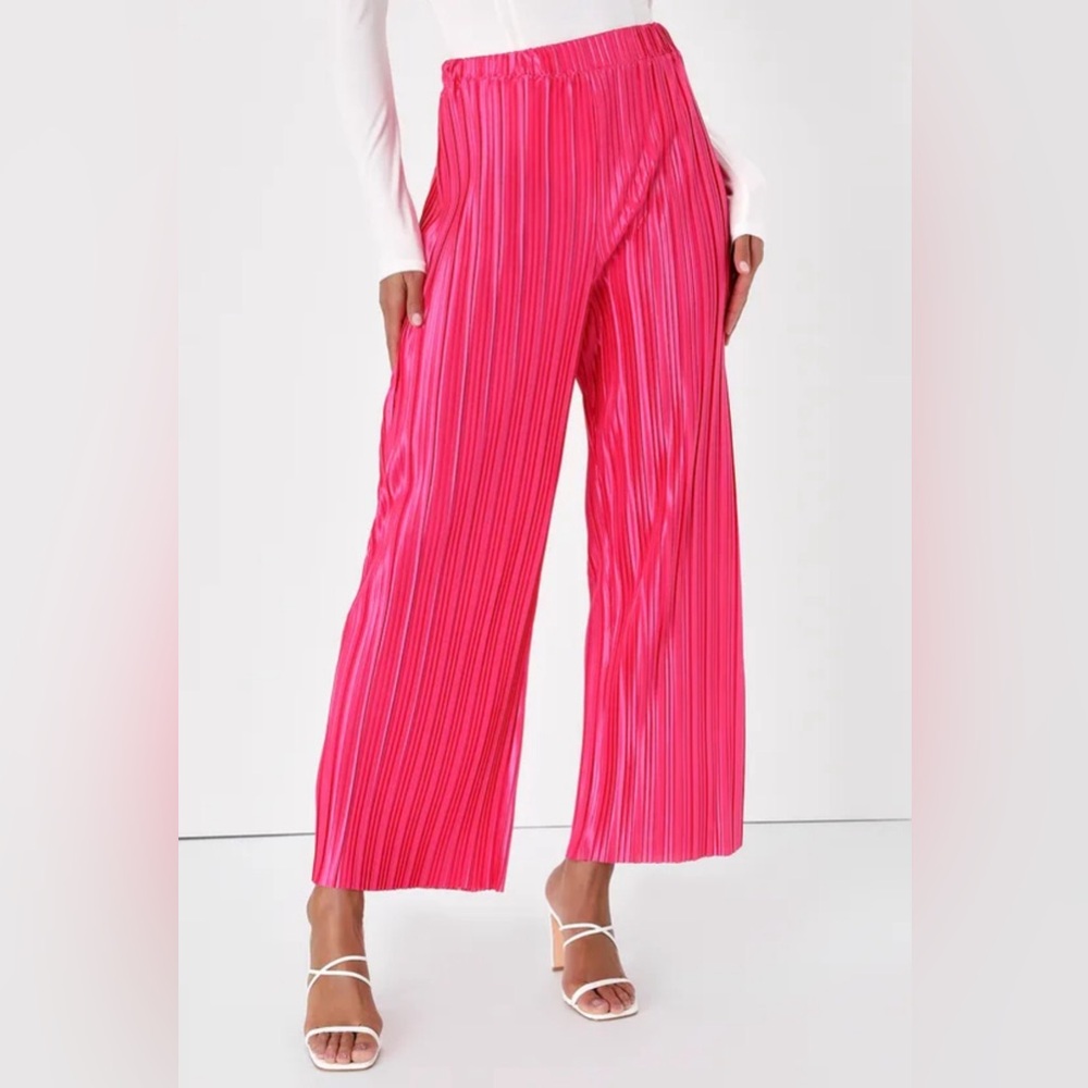 Lulus Tropical Temperatures Hot Pink Satin Plisse Wide-Leg Pants Sz M /27”inseam